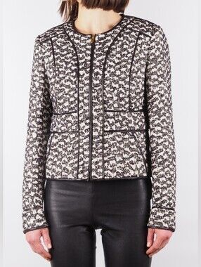 DIANE VON FURSTENBERG Tweed Blazer With Leather Trim, Black & Off White, Size 6